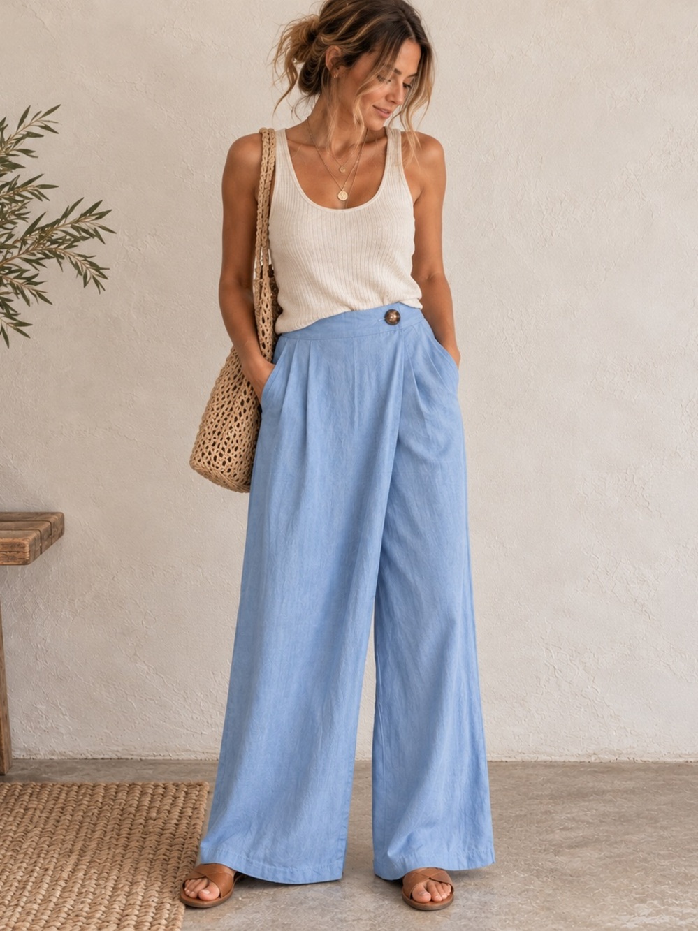 Zara Lyocell Wide Leg Pull On Pants Button Front